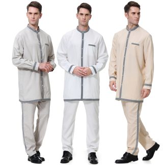New Style Muslim Men 2 Piece Pants Set - Short Thobe with Buttons - Islamic Fashion Clothing