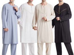 2 pieces set of Polo style Arab Morocco Men Dress with Long Sleeve - Muslim Fashion clothing