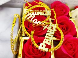 Fashion 18k Gold Plated Muslim Girl Custom Name Hoop Diamond Earrings - Shining Crystal Stainless Steel Nameplate earrings - Custom Jewelry