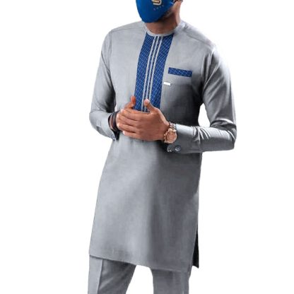 2 Pieces Outfit Set Muslim Men Suit - Dashiki Shirt Trouser - M-4XL Striped Print Long Sleeve Setting Ethnic Men's Suit