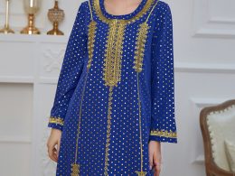 Modern Muslim Women Dress Long Sleeve Gold Thread Embroidery Style Dot Print Urban Leisure Dubai Fashion