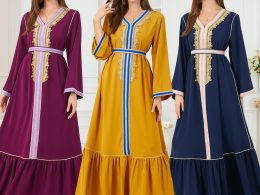 Middle East Muslim Women Dress Pleat Embroidery Stitching Slim Elegant Abaya Spring Dress
